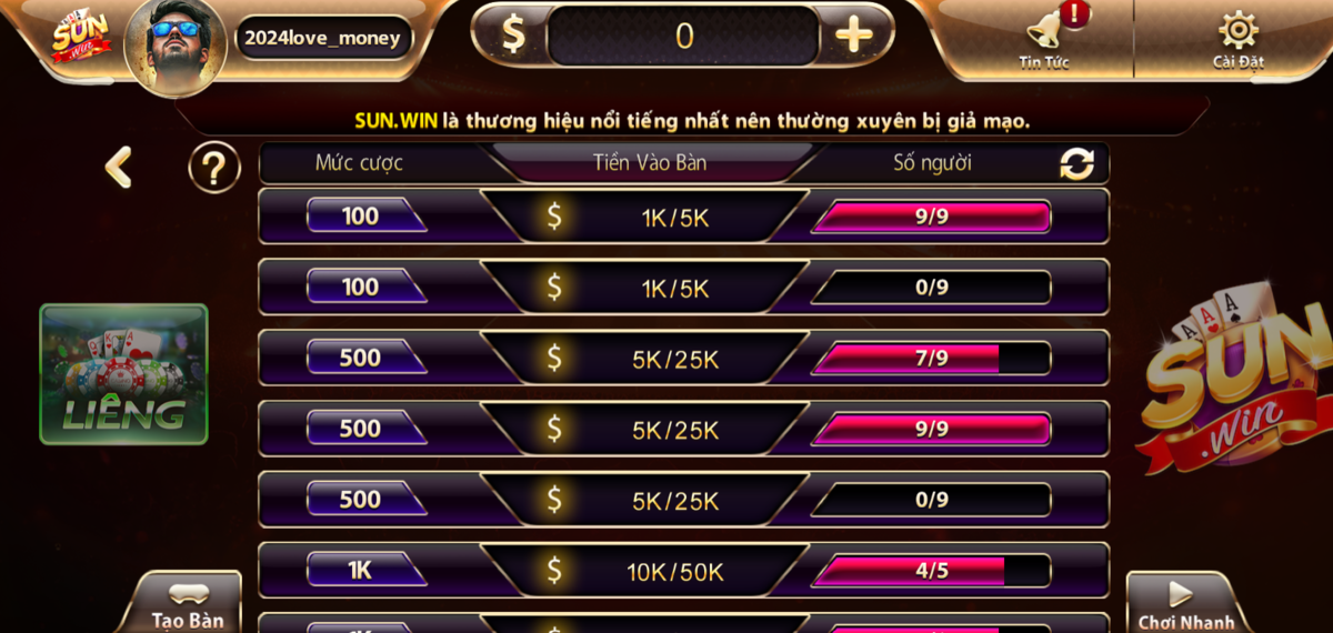 Sun win quy định thời gian lựa chọn hành động trong game bài Liêng